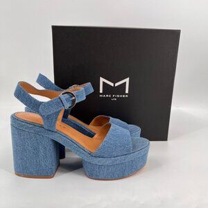 Marc Fisher Normi Block Heel Sandals Size 10M Denim Ankle Strap Open Toe